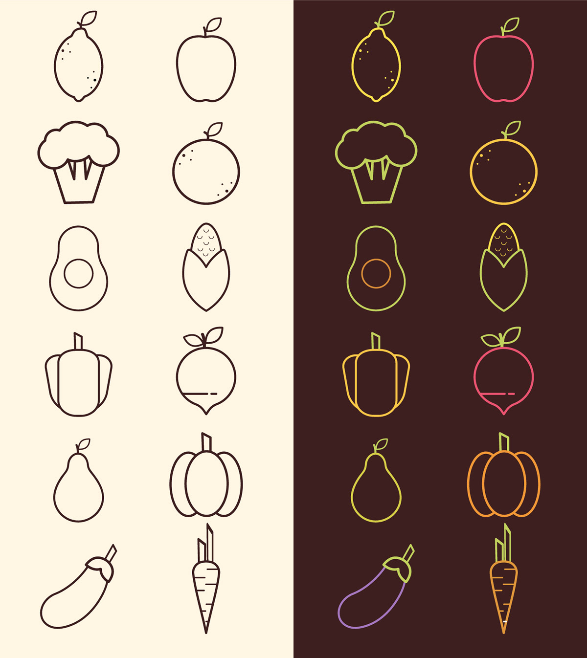 icons flat line art Food  fruits vegetables vector adobe illustrator