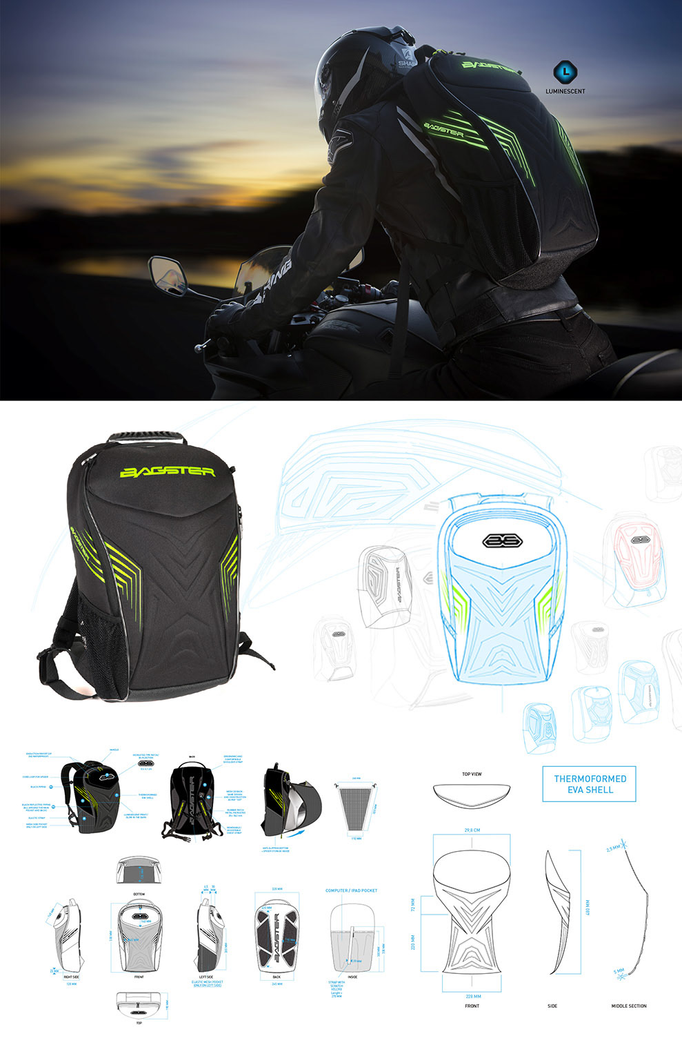 product design  identity line graphic design  luminescent thermoformed panel backpack luggage aggressive line print Helmet