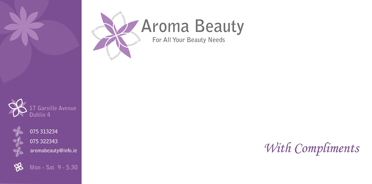 brochure beauty business card comp slip Compliment Slip letterhead visual identity Corporate Identity brand Aroma flower purple