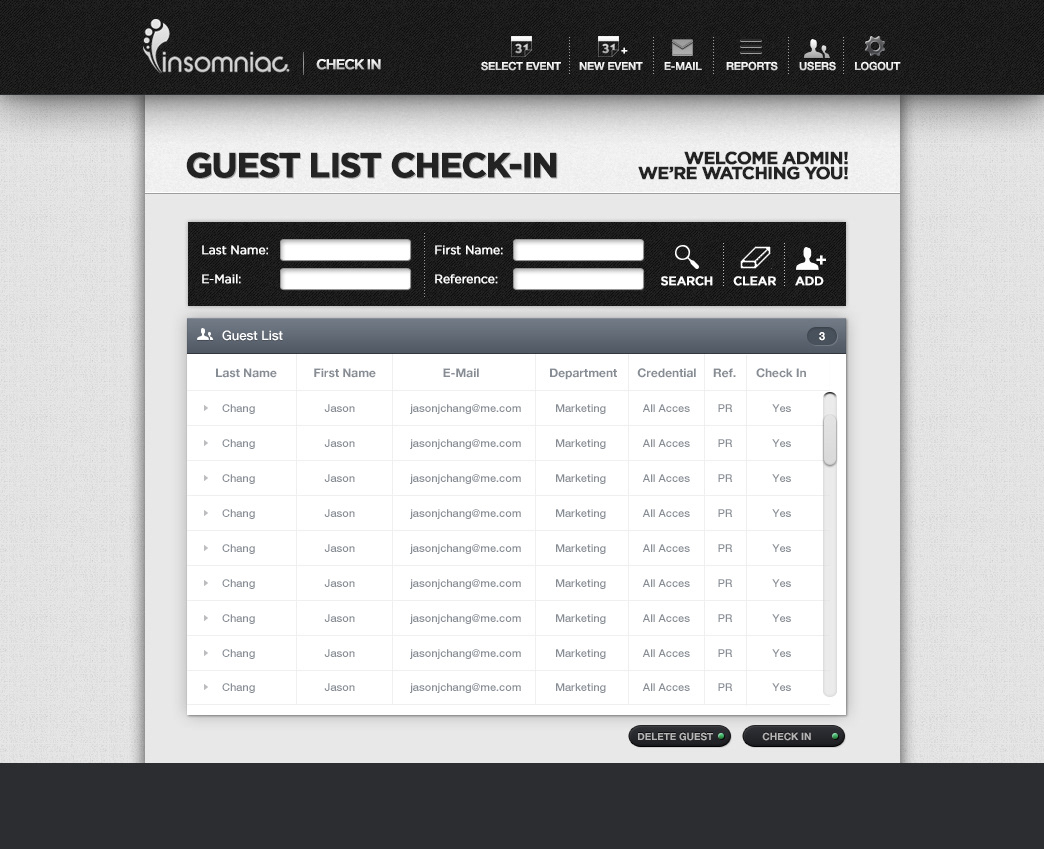 Insomniac Events Web design guest list check IN