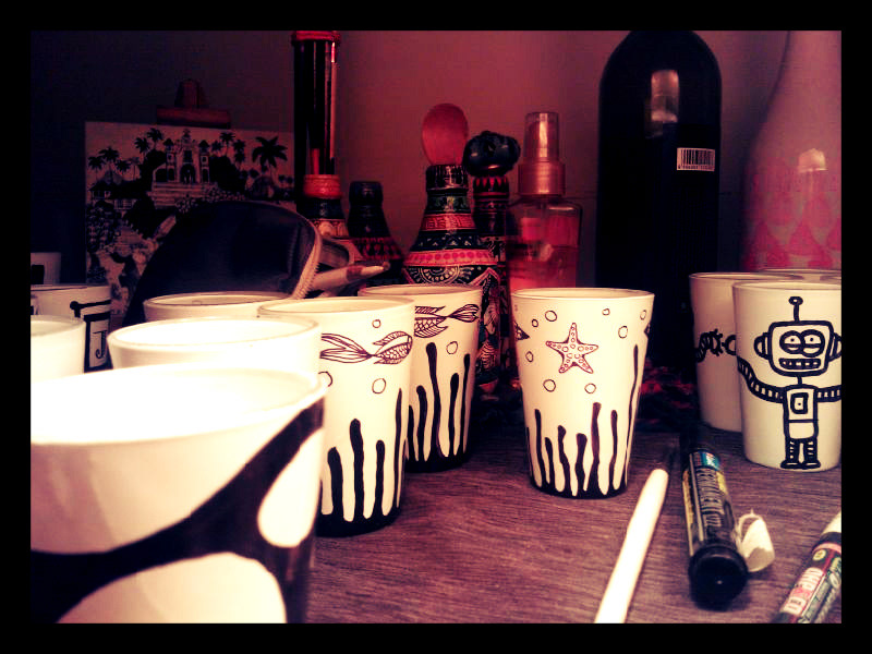 flea market soul sante drawing on objects black and white tea glasses beer mugs art