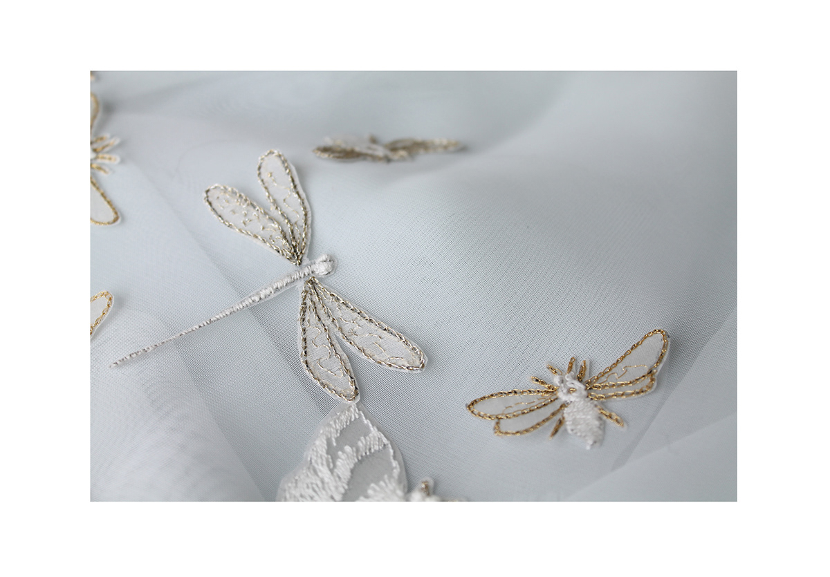applique silk organza Embroidery Insects handmade women's wear textile design 