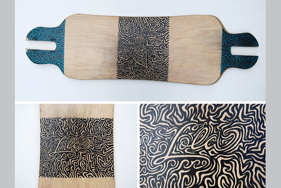 skateboard skate LONGBOARD lola hand rendered drawn pen fine liner wood pattern black blue grain