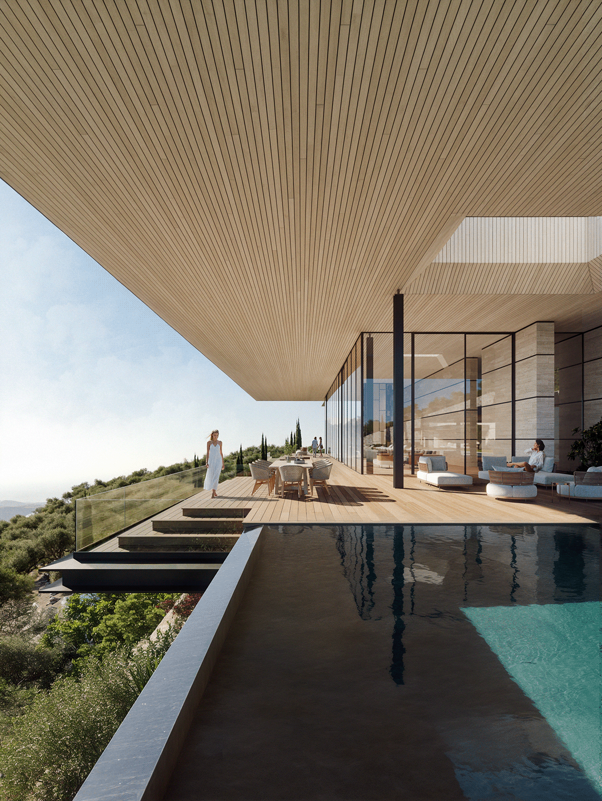Villa exterior facade visualization architecture Render mediterranean terrace swimming pool 3ds max