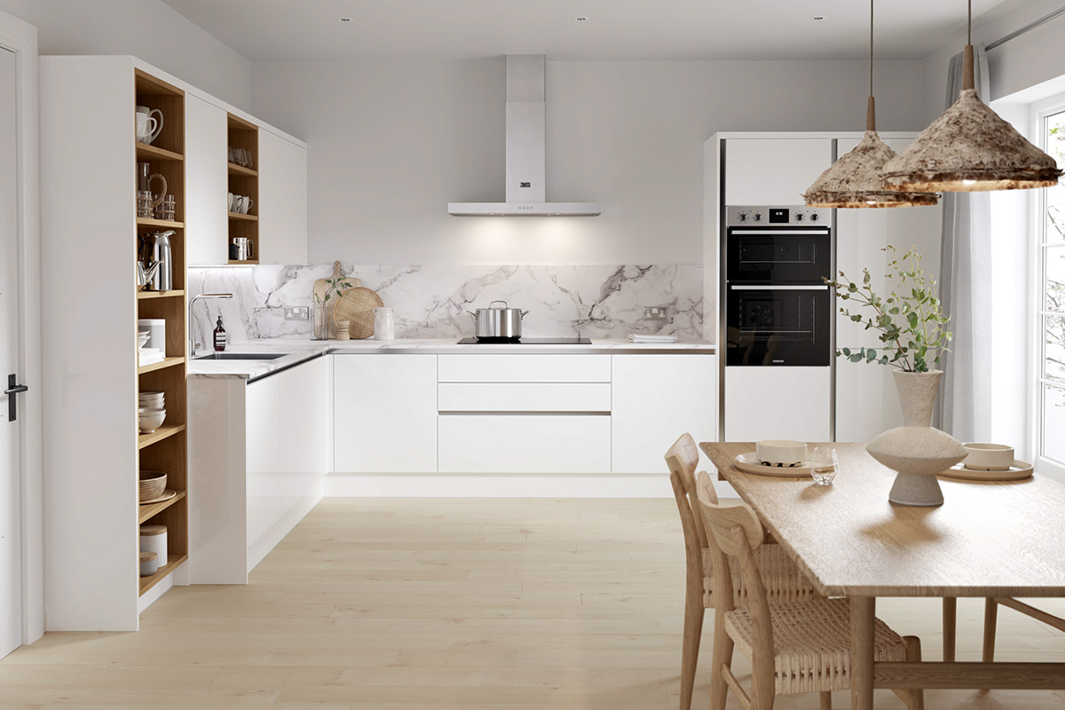A bright white kitchen interior with oak timber props. Kitchen CGI by Pikcells for Wren kitchens