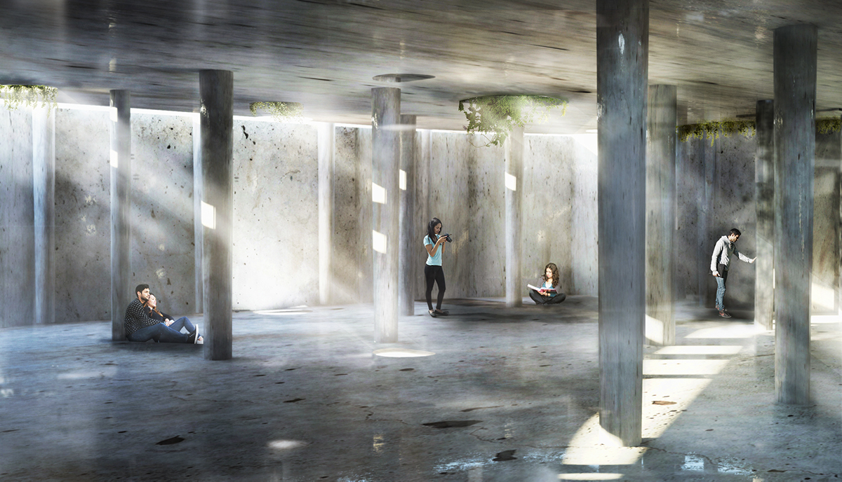 concrete architecture Columns shade Precast rendering Piazza threshold passage visualization
