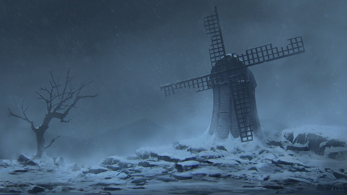 winter snowstorm windmill Blizzard concept digitalpainting painting   deadtree dark snow
