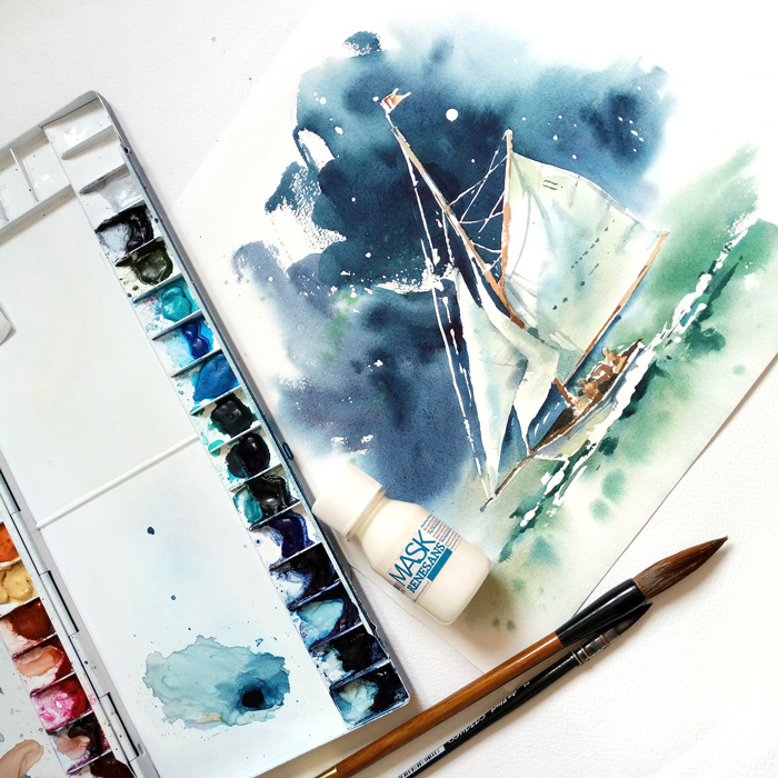 watercolor sketch sea yacht ship lighthouse journey adventure sailboat Ocean