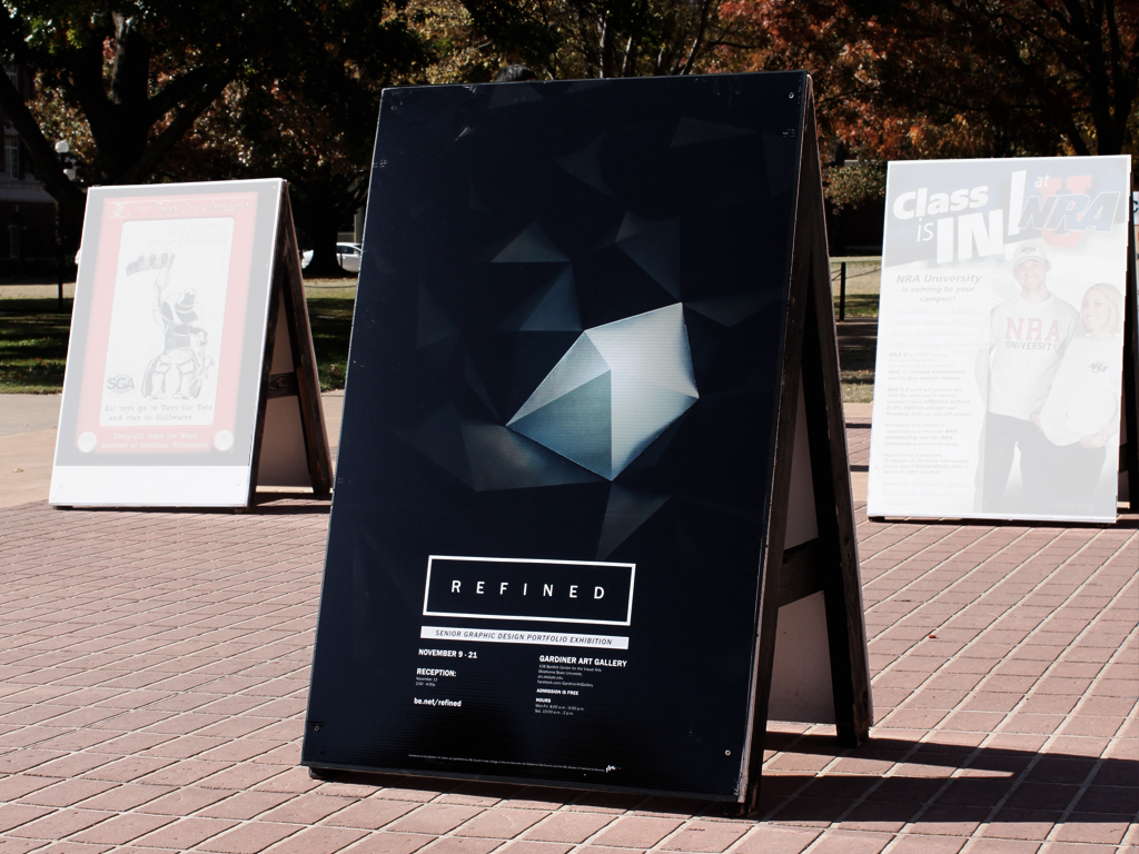 refined student Show Exhibition  diamond  coal Work  paper papercraft geometry geometric black and white campaign oklahoma oklahoma state university senior college poster biography graphic digital video media osu art art department black White gem chic