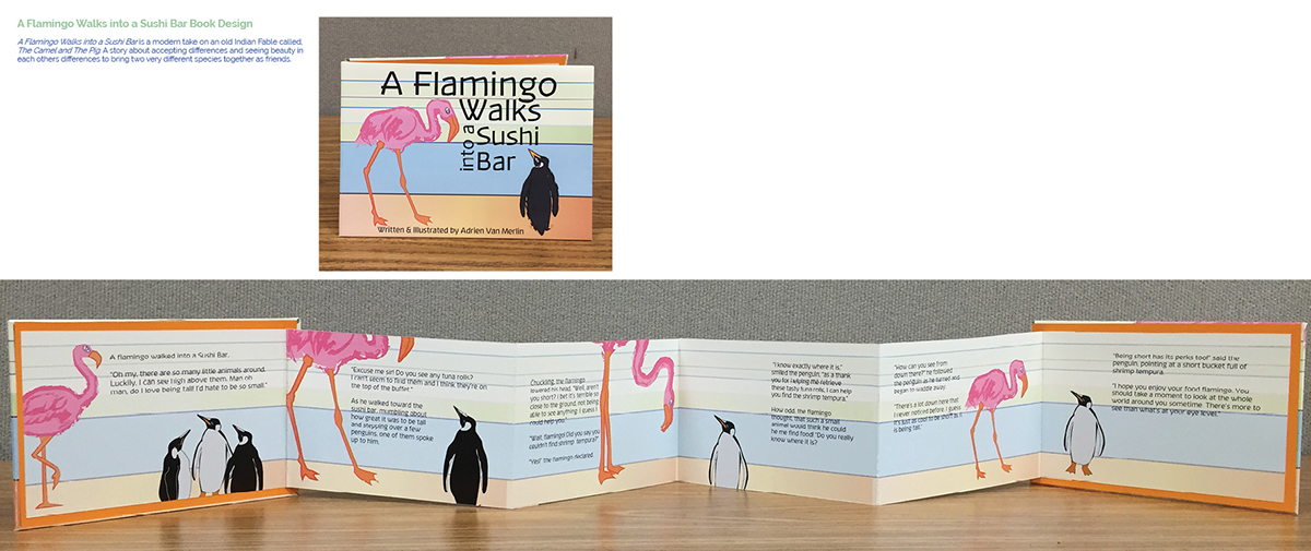 book book design fable rewrite accordion accordion fold 6 Panel flamingo penguin portfolio Student work