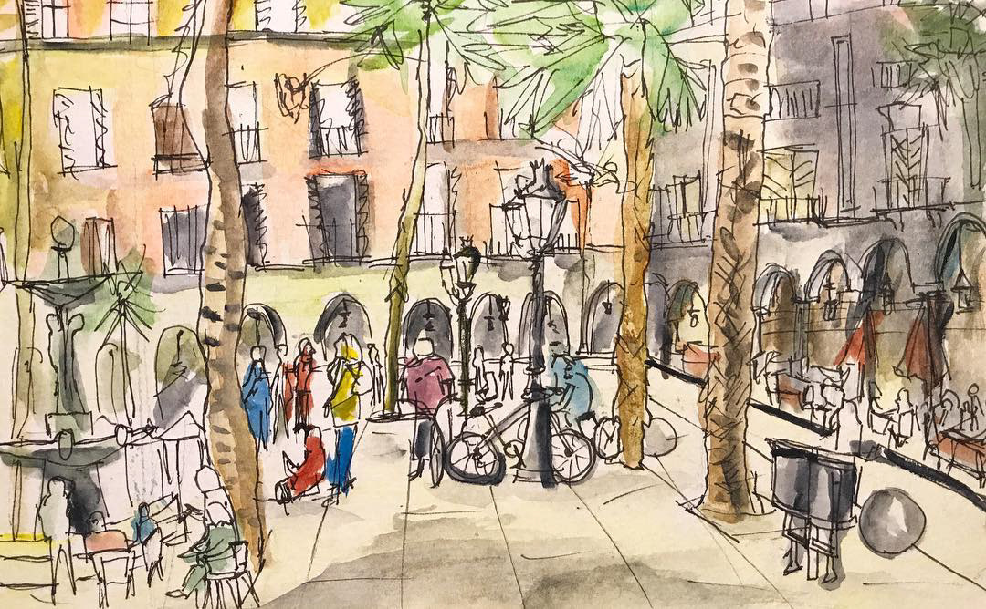 usk sketch drawin on location watercolor Rotring Event square urban art Plaça Reial barcelona