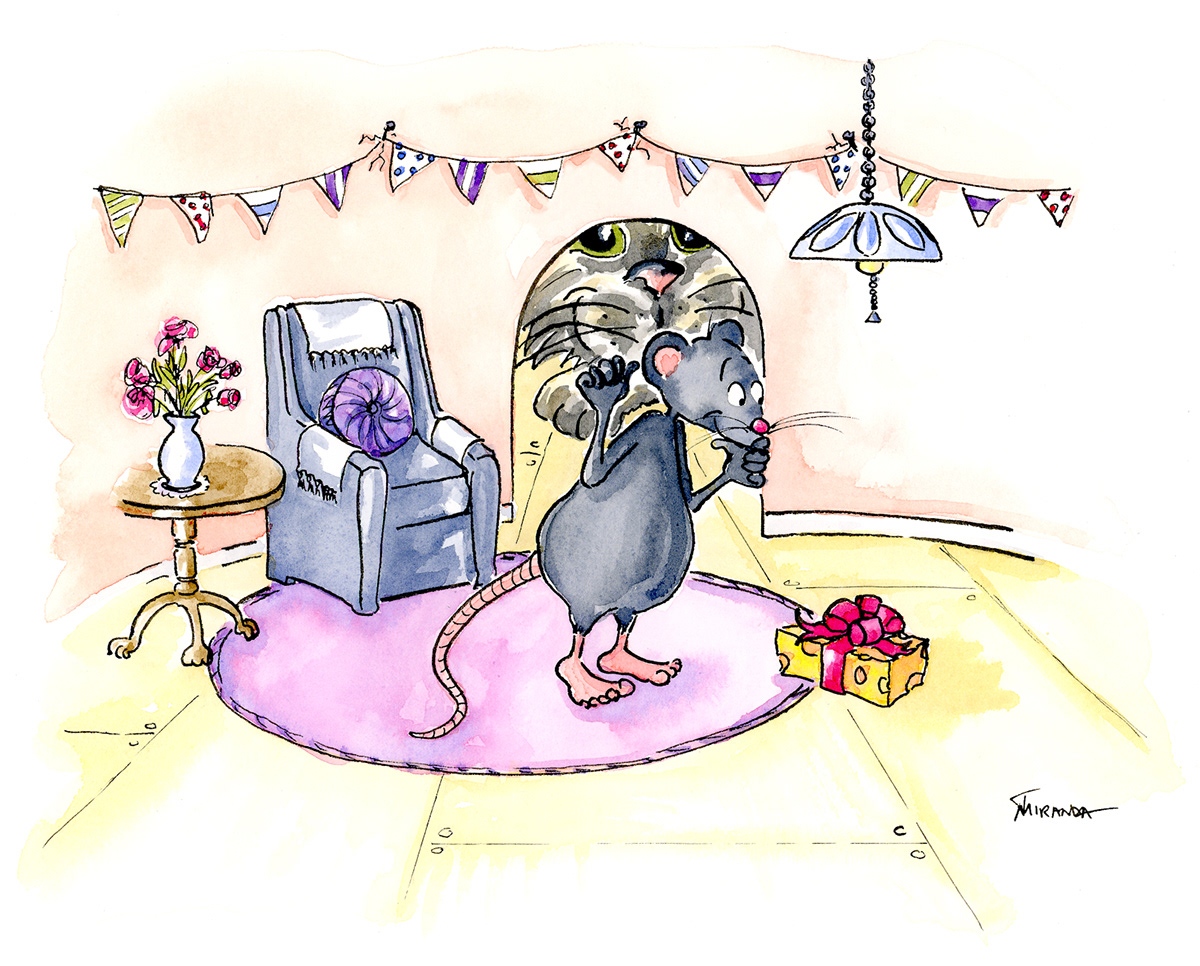 Here is the final ink and watercolor illustration I submitted to SCBWI for February's art challenge.