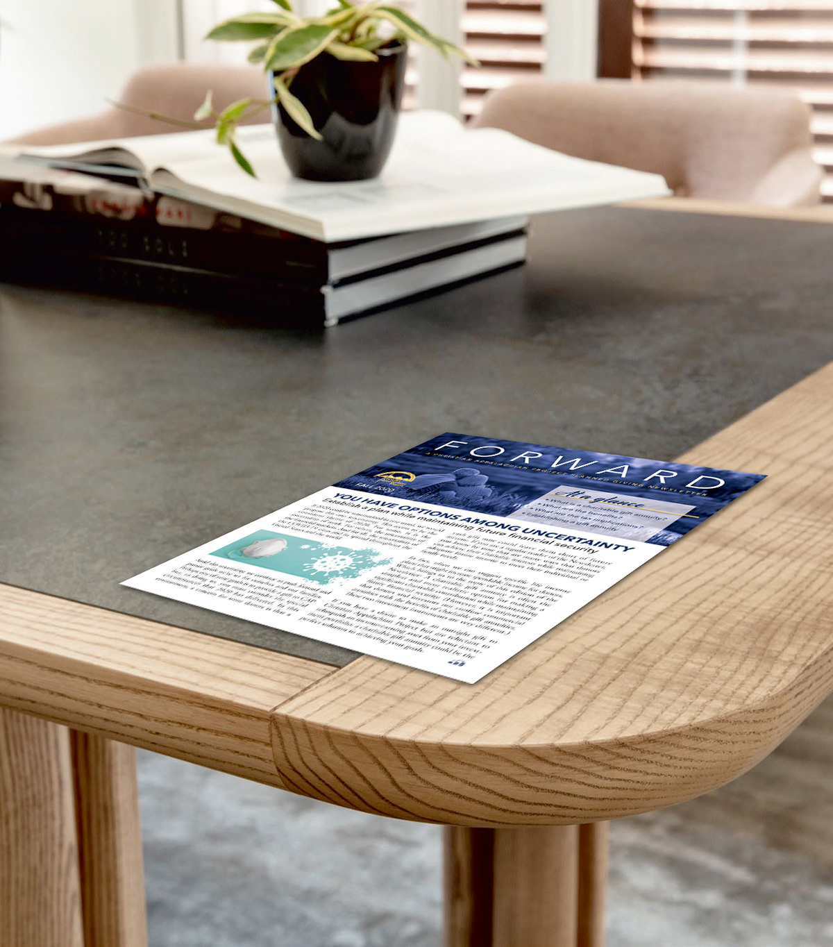 Mockup of CAP Planned Giving Newsletter on table