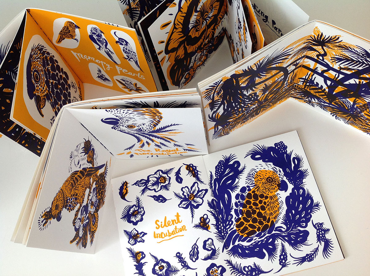 books printmaking silkscreen limited edition orange blue hand-lettering jungle parrots Flowers natalya balnova Nature