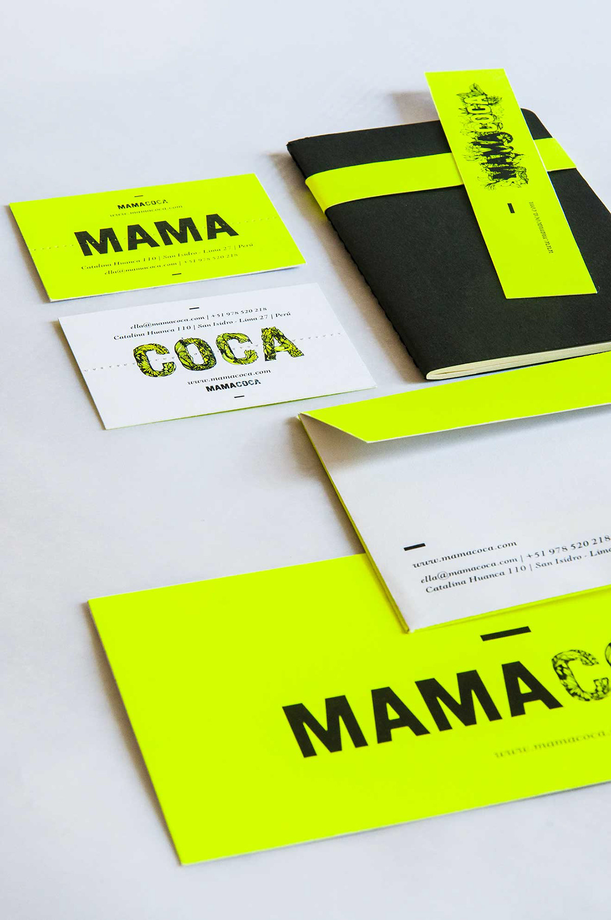 mamacoca cocamama fluo floral type Illustrative contrasted black print Stationery identity