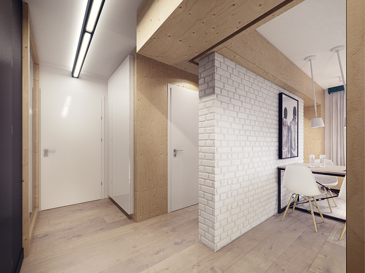 Interior design flat lodz plasterlina cyan minimal plywood