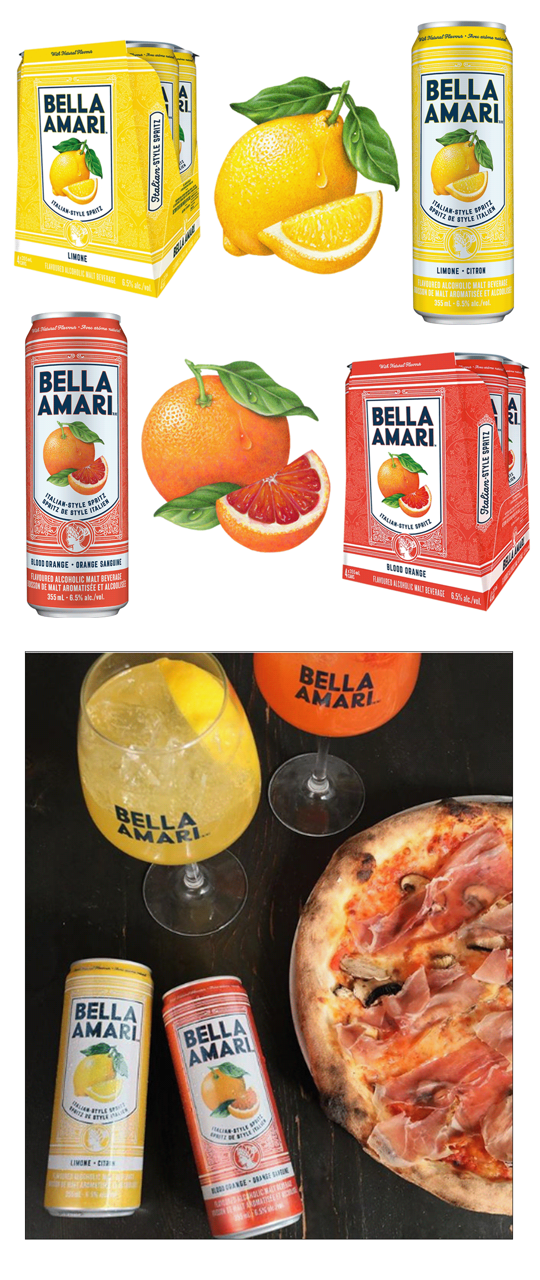 Lemon and Blood Orange illustrations used on packaging for Bella Amari Hard Italian Spritz.