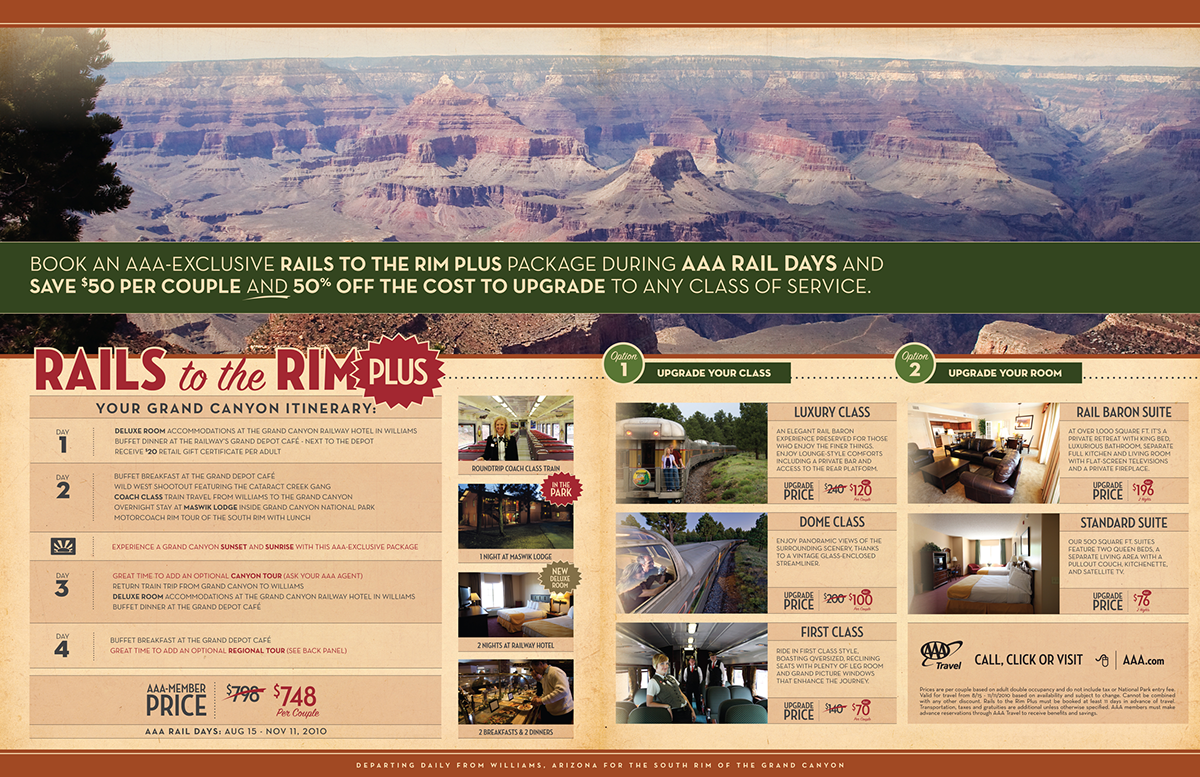 Travel  tourism   vacation  luxury  bi-fold  brochure  train Grand Canyon adventure  print  railway Consumer