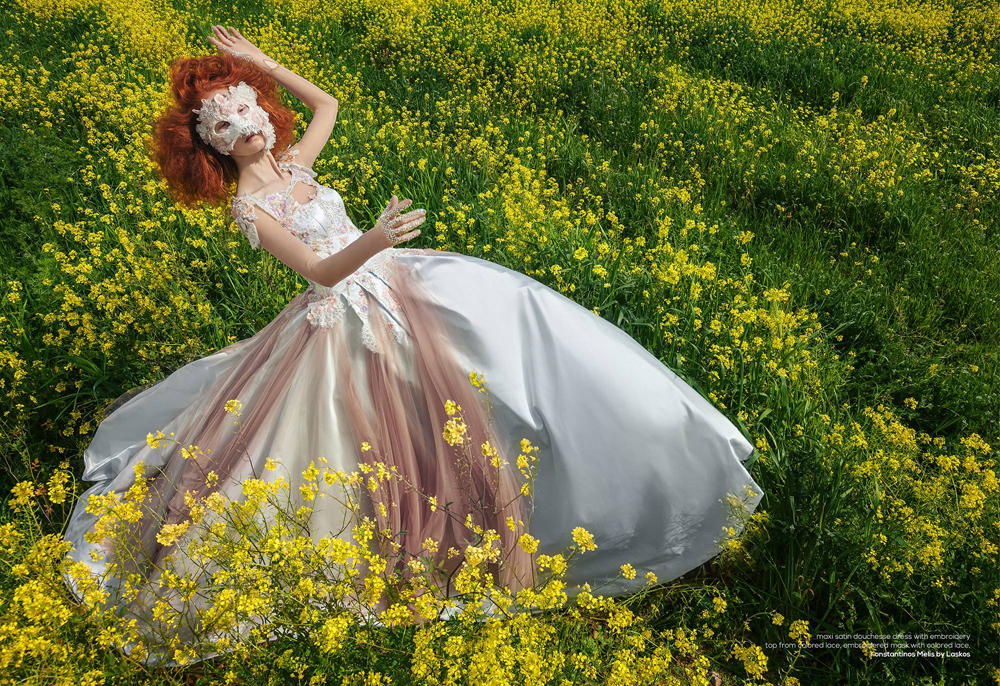 spring red hair field dress mask Flowers skin model beauty Sun summer sexy photoshop Haute couture portrait