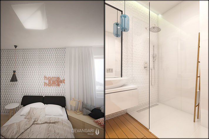 Interior Scandinavian realization flat apartment warsaw brick living room bedroom oak bathroom wood