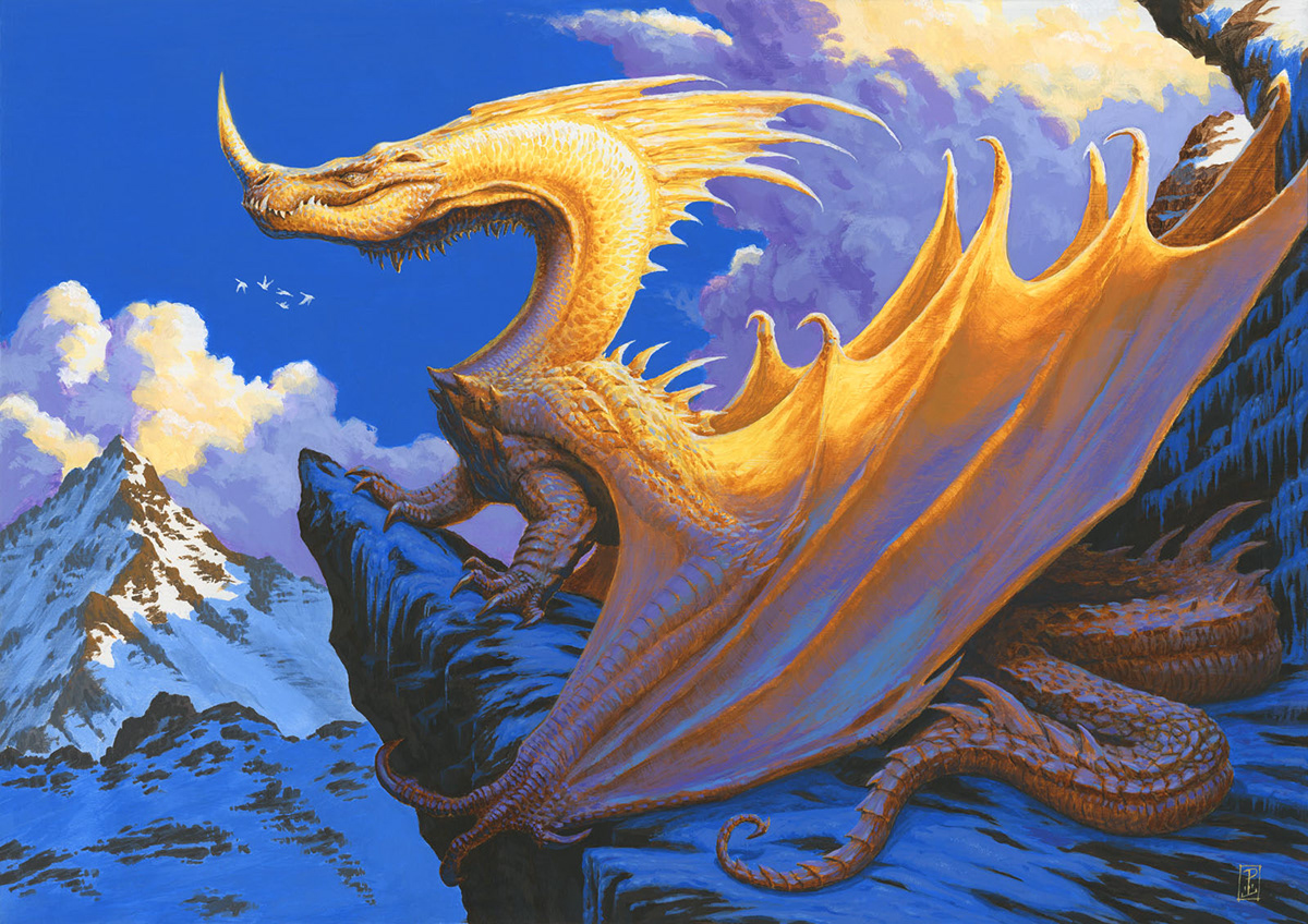 dragon gold blue fantasy mountains lynton levengood