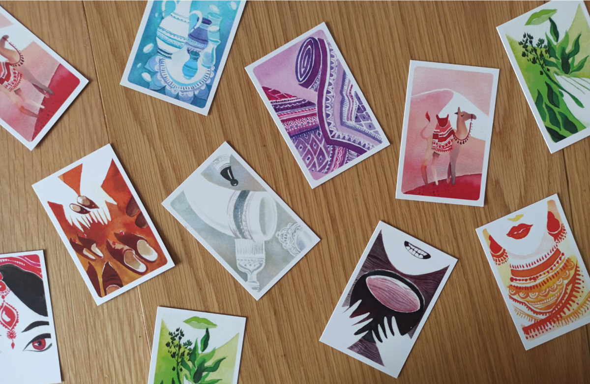 card design design game game design  ink Jaipur painting   watercolor jeu société society game