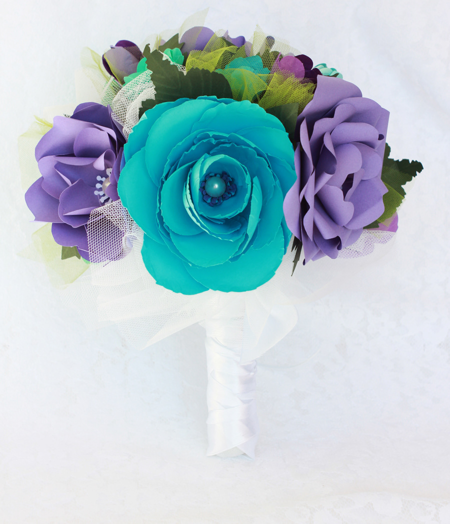 Paper flowers different shapes wedding bouquet forever art mint blue sky baby Blue Purple lila handmade bride groom