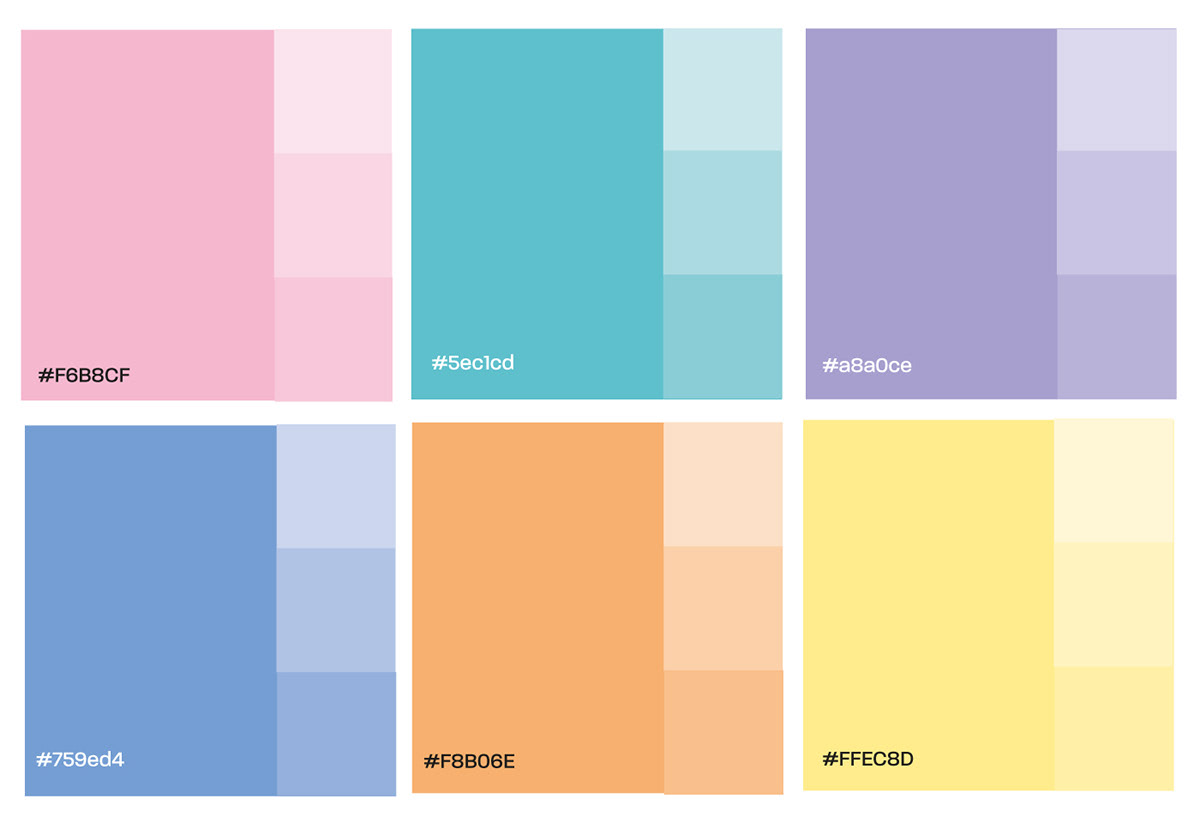 Bright pastel colour palette of six colours for Dotties UK Logo and branding design