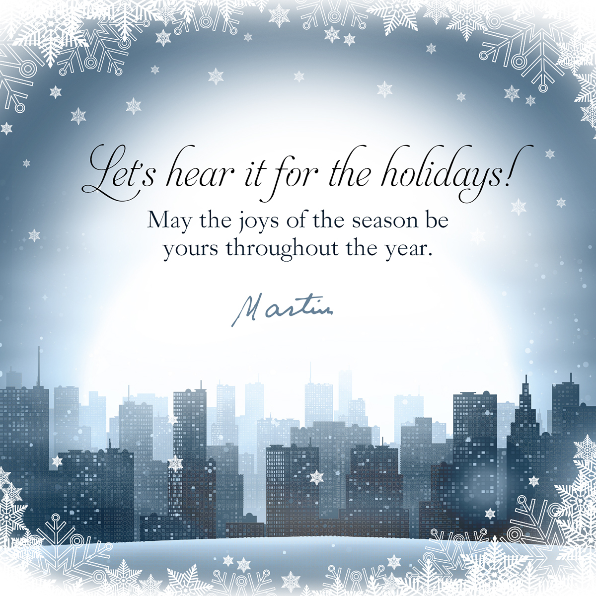 company Holiday card winter greetings employee city