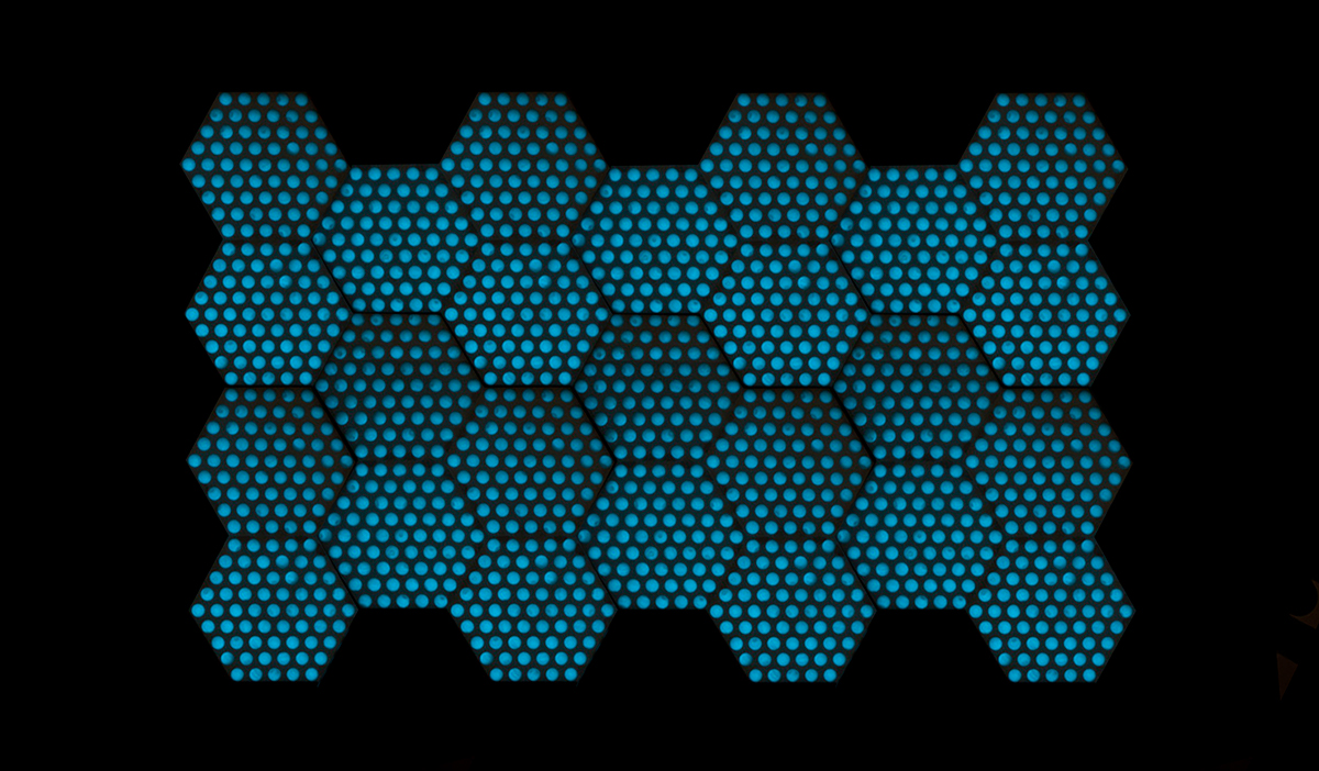 spheres solar decathalon interactive photo luminescent Brown University risd Collaboration pixels glow Hexagons blue balls Tech Style Haus modular play