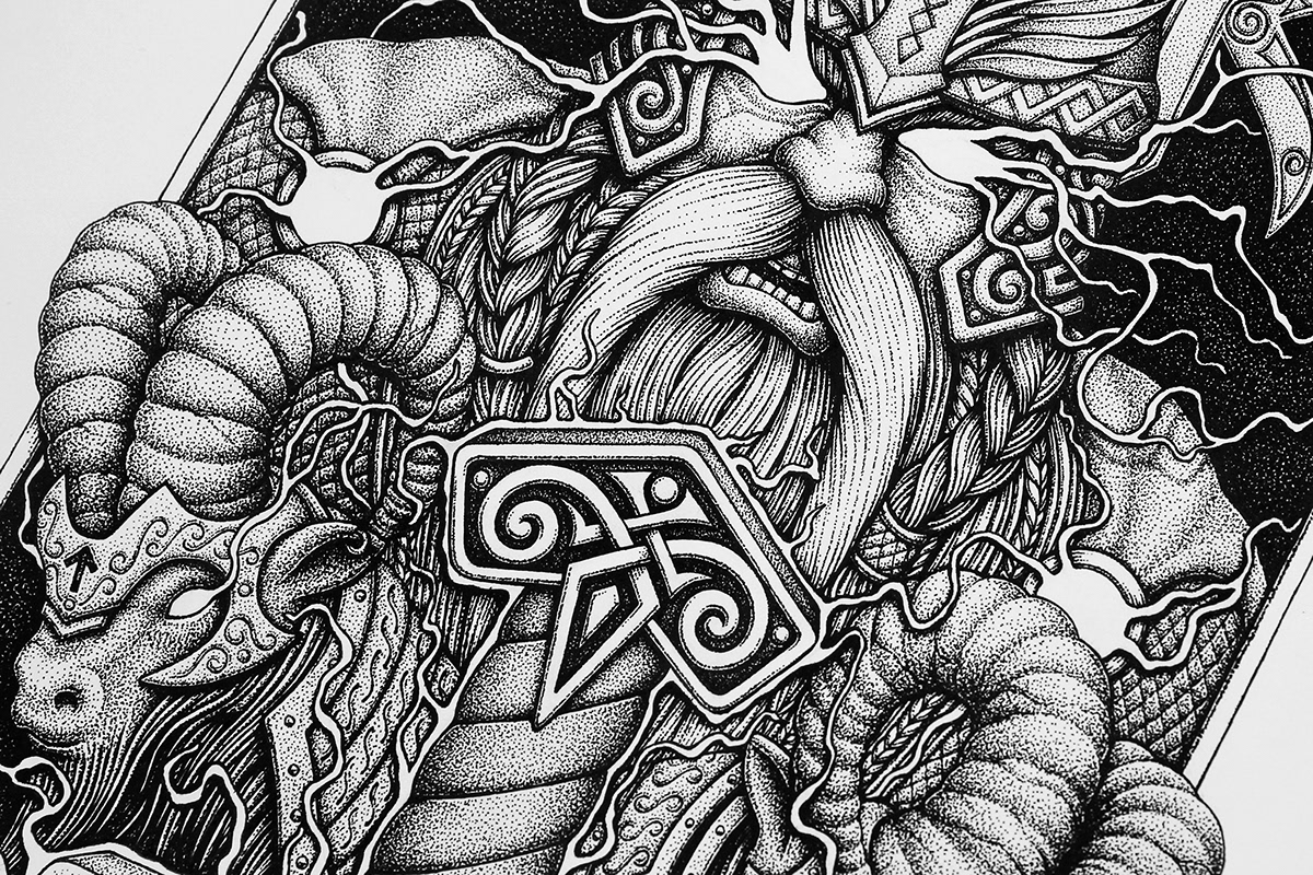 ink Thor viking vikings dotwork Pointillism stippling mythology myth ILLUSTRATION 