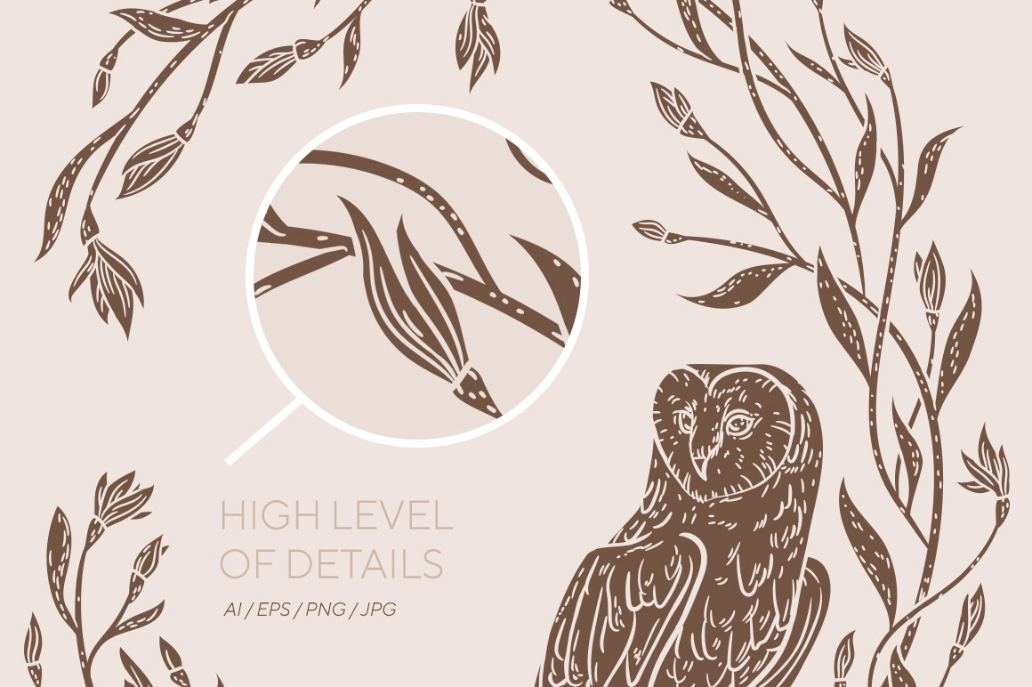 animals birds detailed hi res illustrations Nature owls textures vector Wreaths
