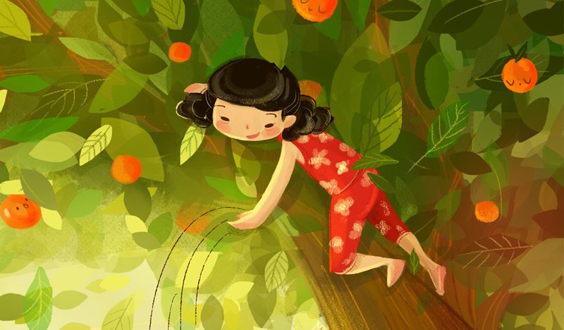 orange tree Nature cute nostalgic family grandmother kid catching tossing Playful HAWAII Memory fruits