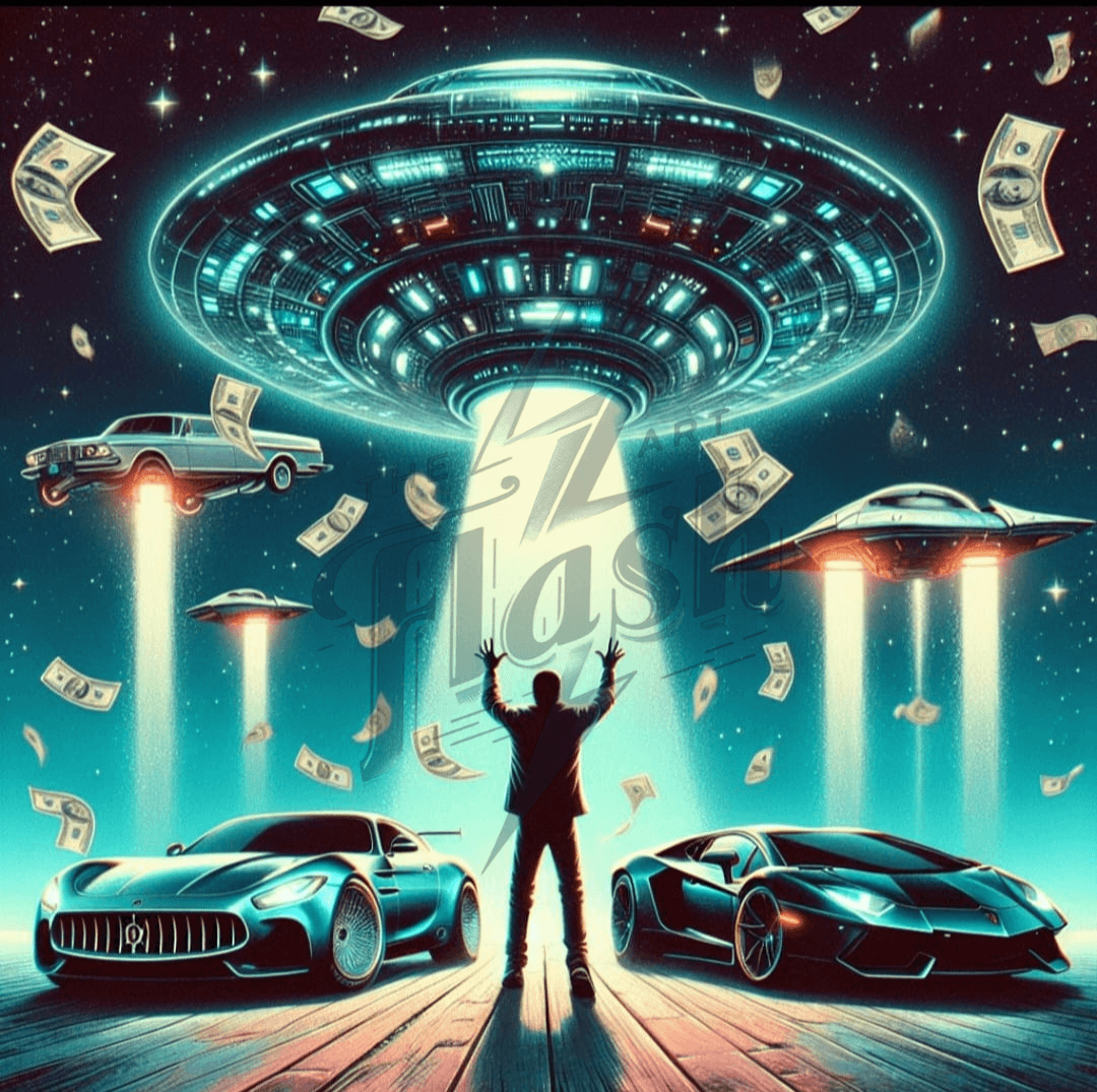 cover Digital Art  art graphic design  design UFO alien Abduction ufology Cars dollars dollar cash money vehicles suit rich man ufologist