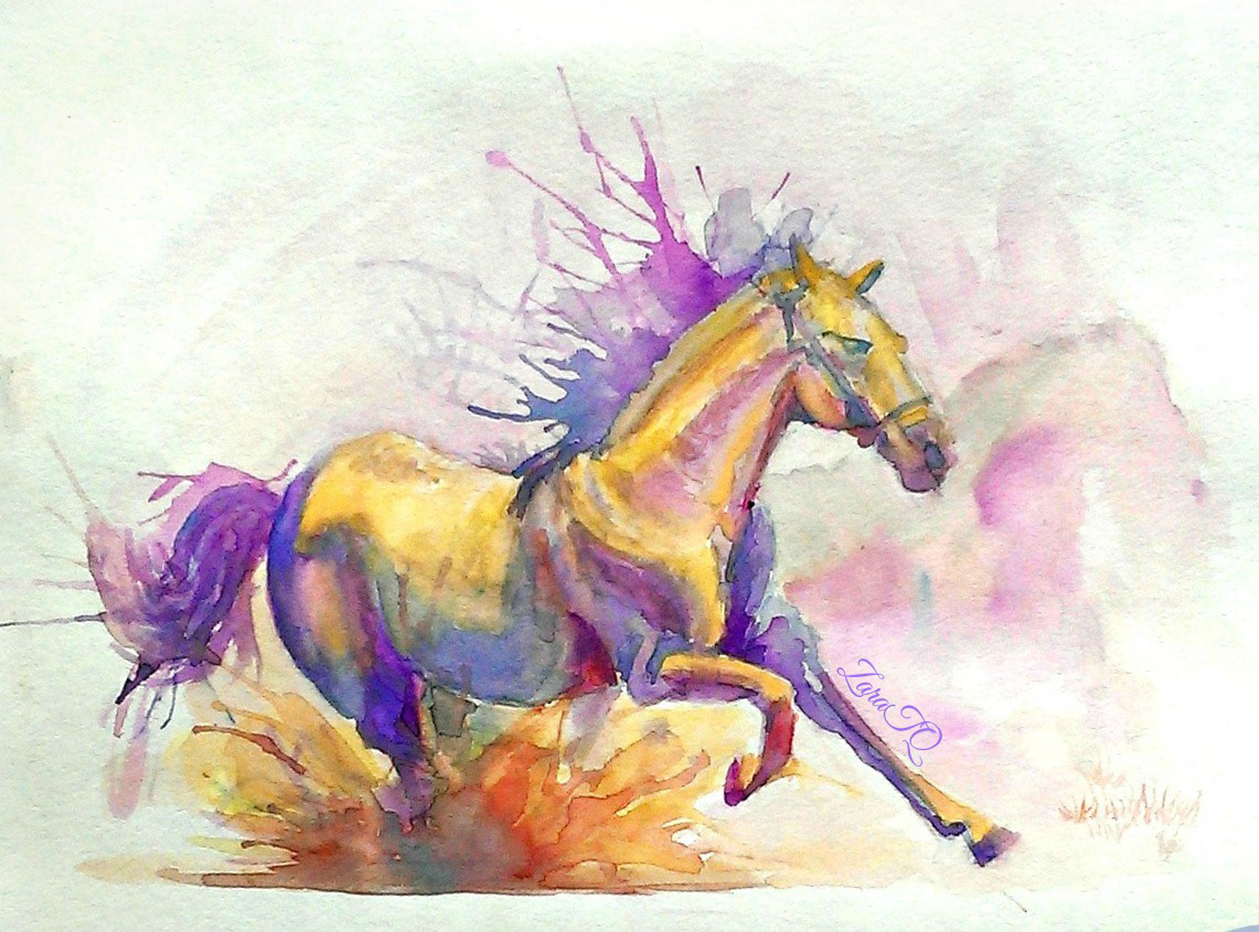 horse draw paint gouache run splash explode water colours
