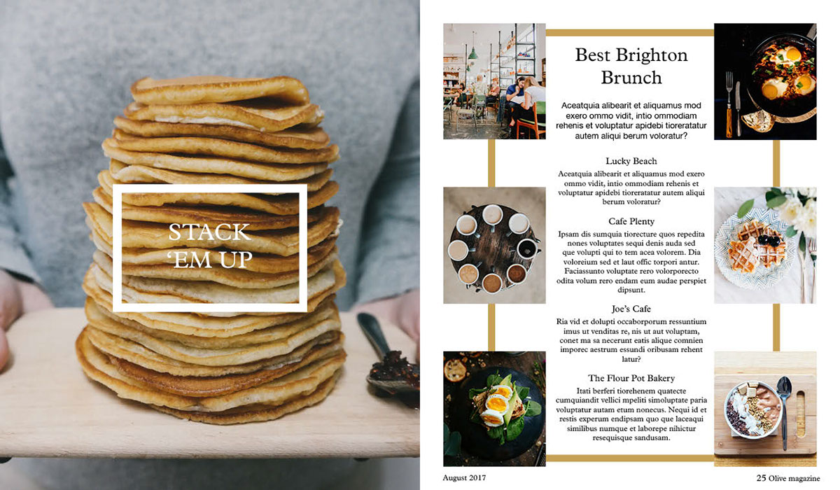 magazine Coffee pancakes Flowers design InDesign photoshop Layout text