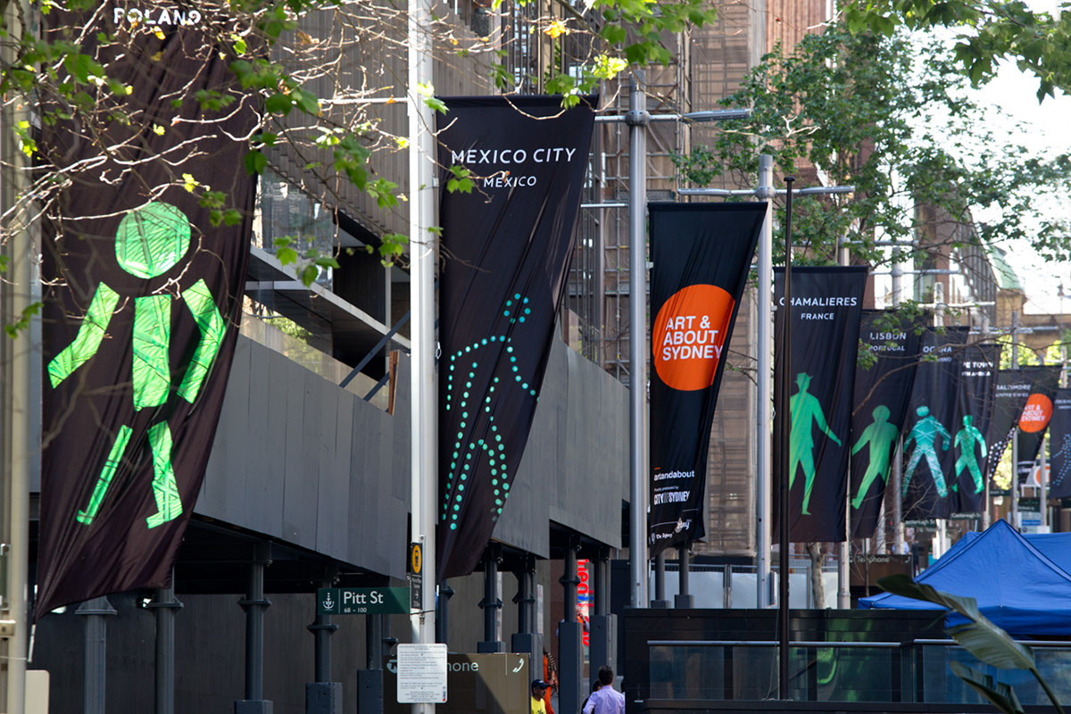 public art Pedestrian icons signs new york city nyc Collaborative walk walking men worldwide sydney