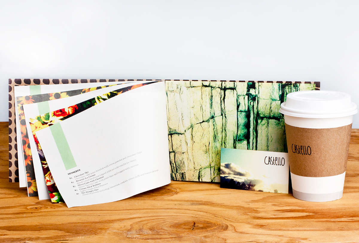 Adobe Portfolio restaurant menu take out bag coffee cup sleeve Wrap brand logo hand rendered pattern cafe wood