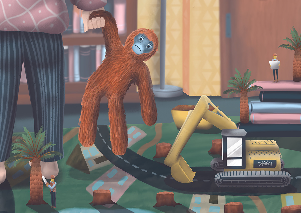 digital illustration editorial editorial design  Editorial Illustration environmental ILLUSTRATION  orangutan Orangutan Palm Oil Palm Oil Procreate