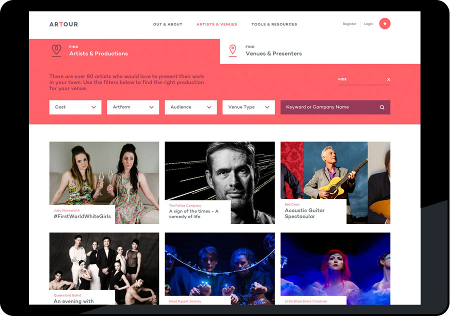 artists venues red icons chunky filters Responsive Website