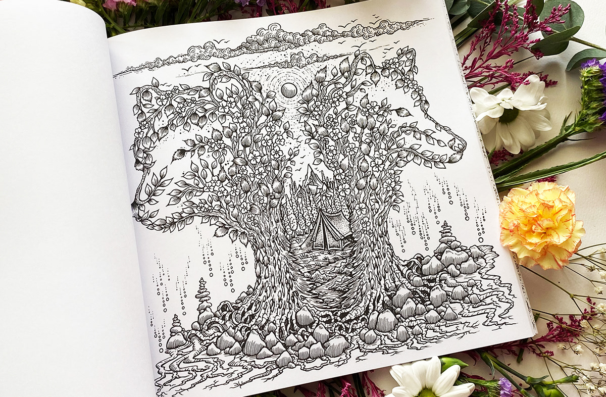 adult coloring book black and white book cover coloring book colouring book enchanted earth Landscape Magical Nature pen and ink