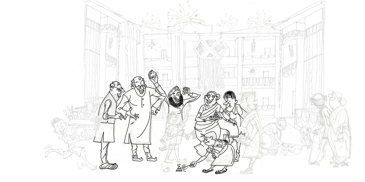 Diwali black and white indian illustration Mario Miranda festival people funny