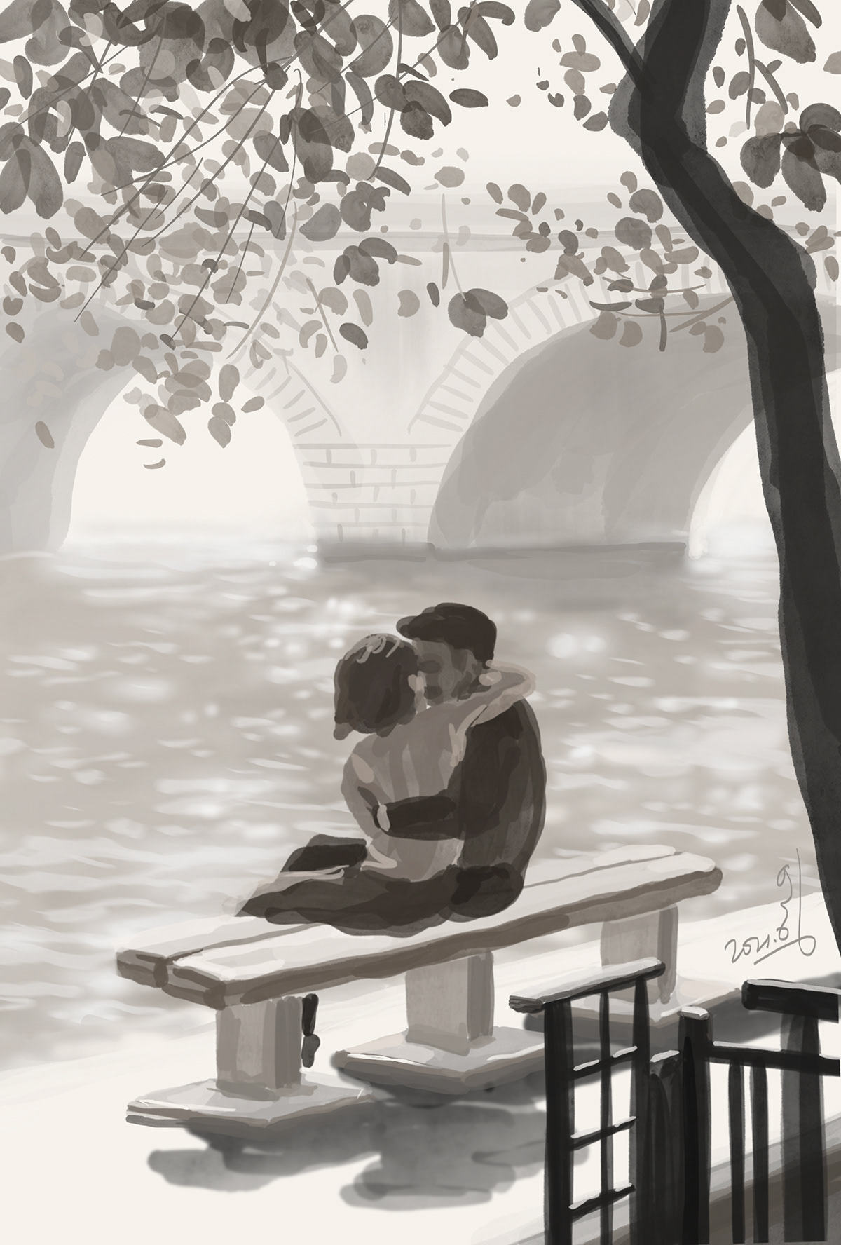 bridge Drawing  Love Lovers monotone Park river romance sunshine Tree 
