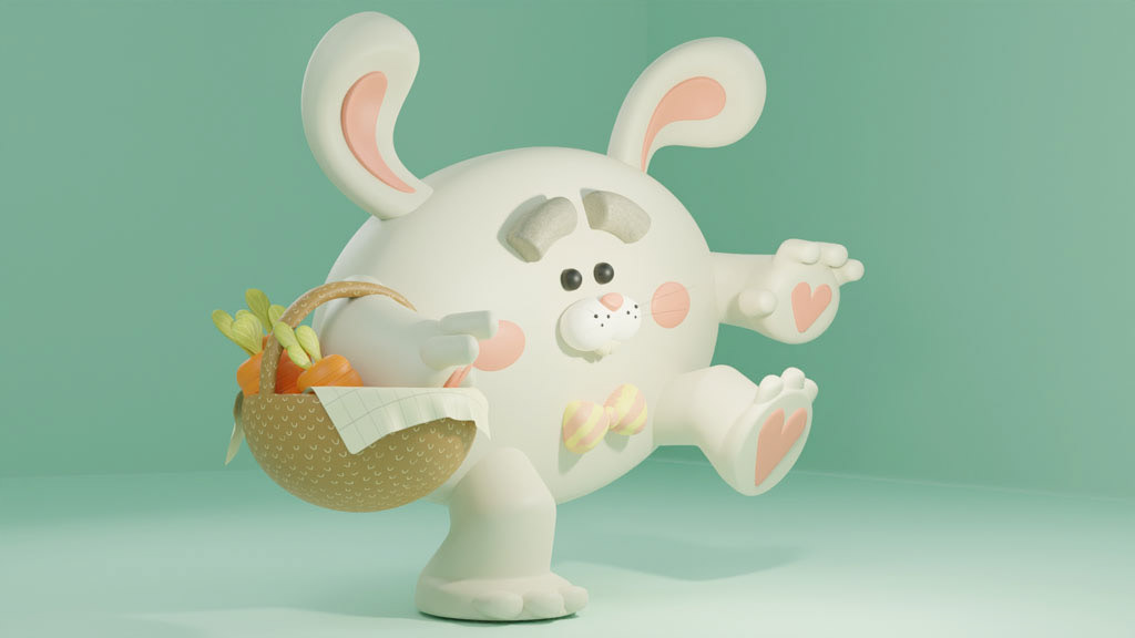 3D model of a white rabbit holding a basket with carrots

