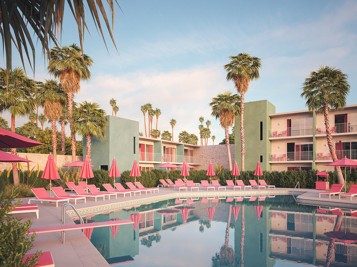 CGI Render visualization architecture mid-century modern California Palm Springs hotel palms swimming pool