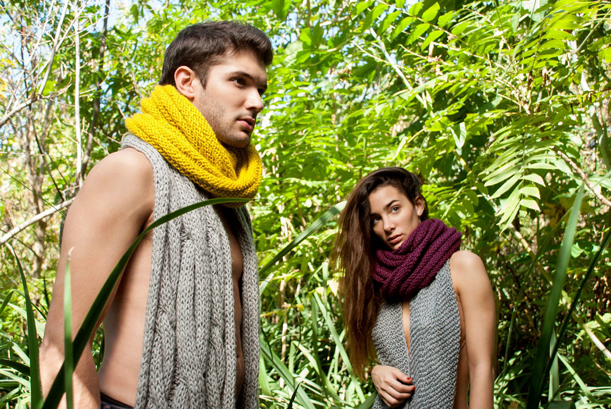campaña de fotos Lookbook bufandas modelos tejidos artesanal bosque salvaje infinito enlazados
