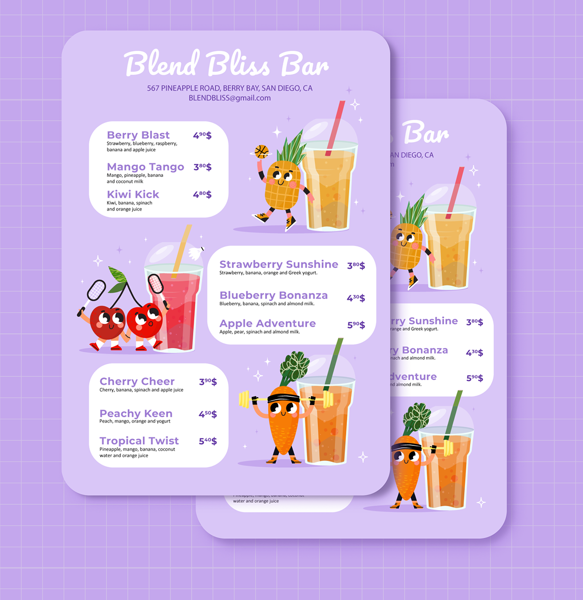 Menu design for smoothie bar. Children's menu. Active and sporty characters. Useful snack