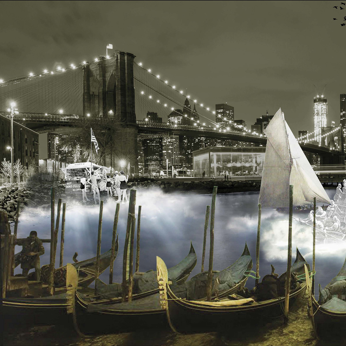 lanscape  river  East River  lights  flash  gathering  canoe  boat  people   water  nights
