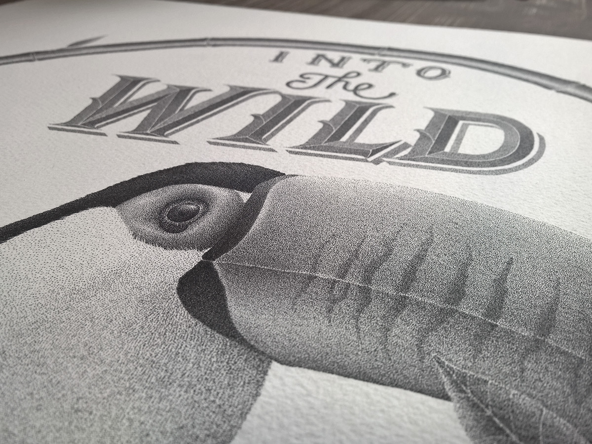 into the wild toucan bird stippling leave animal Flowers Nature pointillisme Pointillism dots ink HAND LETTERING