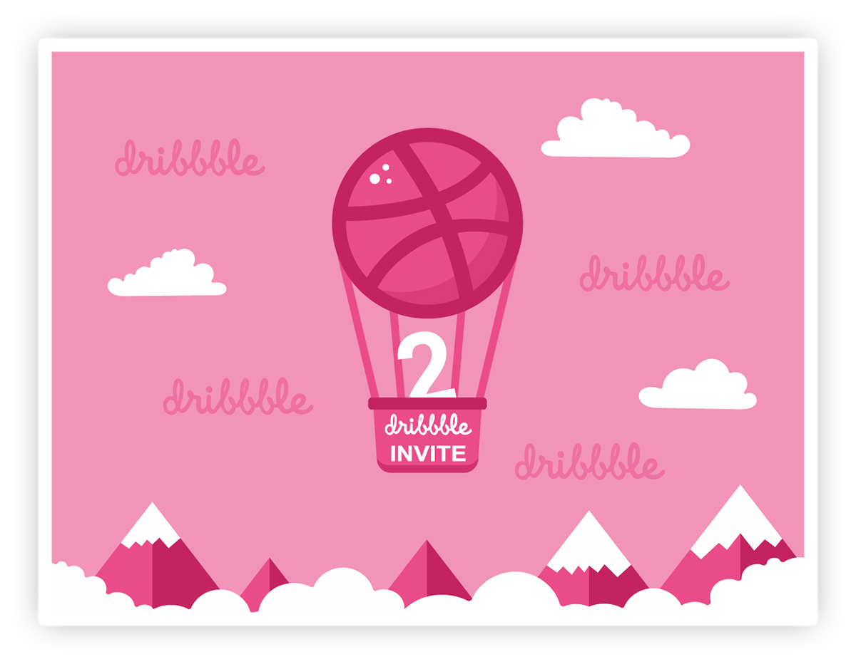 free dribbble invites freebie air ballon Invitation clouds pink flat invite